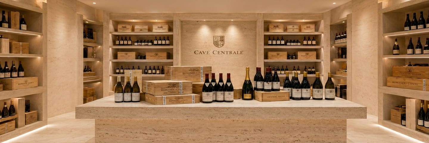 Showroom Cave Centrale en travertin avec caisses Domaine de la Romanée-Conti