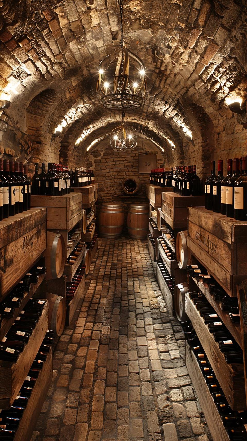 Cave voûtée en pierre garnie de grands crus